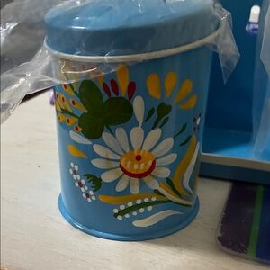 Floral Blue Tin Canisters & shelf.